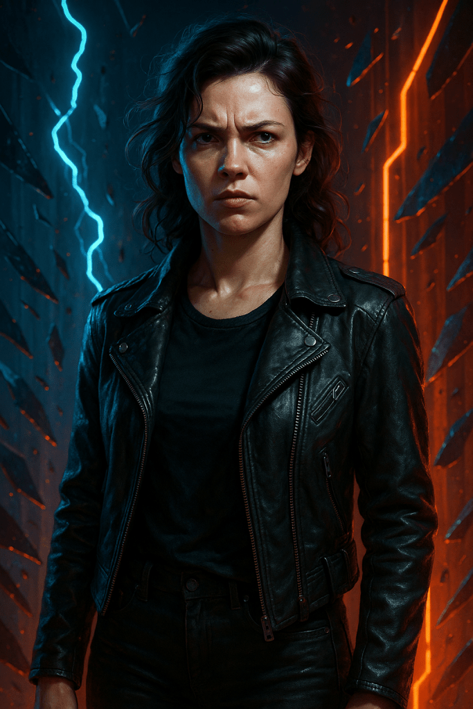 Hyper-realistic 3D portrait of an evolved, middle-aged male rebel archetype standing in dynamic neon lighting, surrounded by fractured metallic shards, electric energy currents, and high-frequency colours. The image portrays defiance, innovation, and transformative disruption. Created for Brand Alchemi’s ‘Rebel’ Brand Soul Archetype by Renata Clarke.