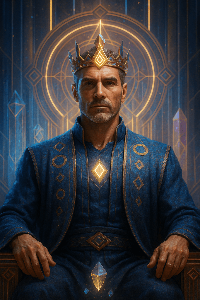 Hyper-realistic portrait of a middle-aged, evolved human male embodying the Ruler Brand Soul Archetype, seated in an ethereal throne-like environment. He wears a luminous geometric crown and deep blue ceremonial attire with glowing gold symbols, surrounded by crystalline structures and radiant golden circuitry. Created for the Brand Alchemi AI-guided Brand Soul Archetype quiz by Renata Clarke.