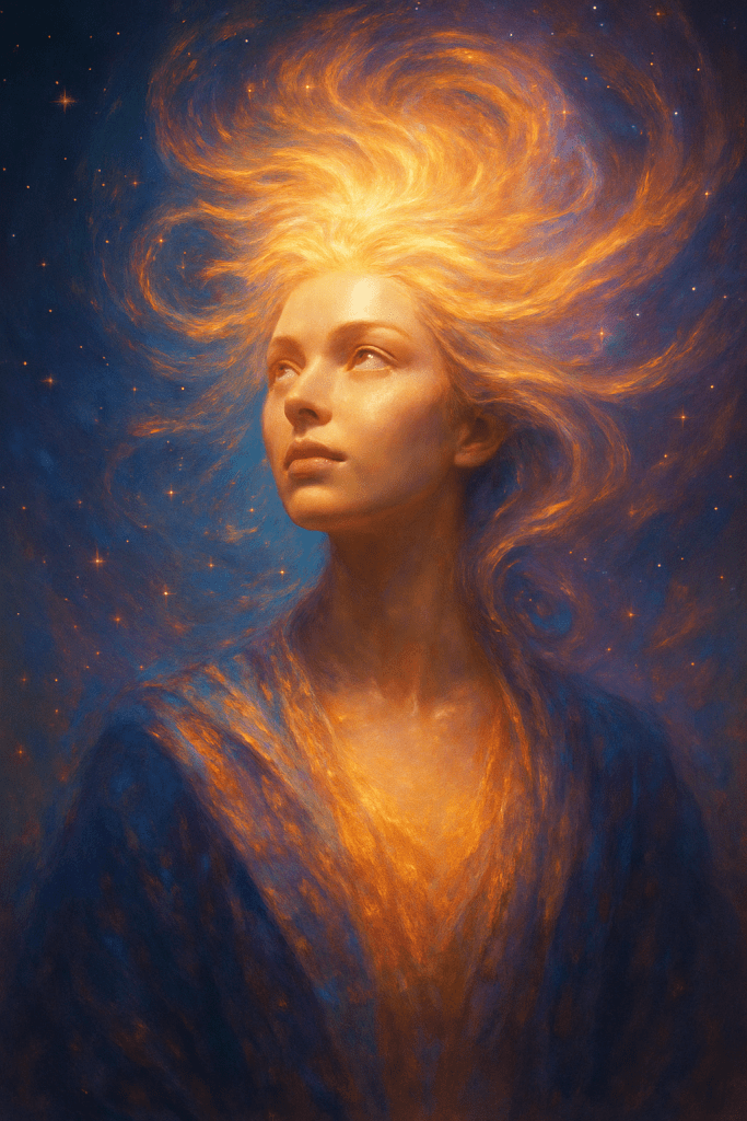 Ethereal high-end 3D portrait of a luminous, visionary woman bathed in radiant gold, purple, and teal light, symbolising intuition, future-thinking creativity, and expansive brand consciousness. Created for Brand Alchemi by Renata Clarke to represent the Visionary brand archetype in an AI-guided quiz result.