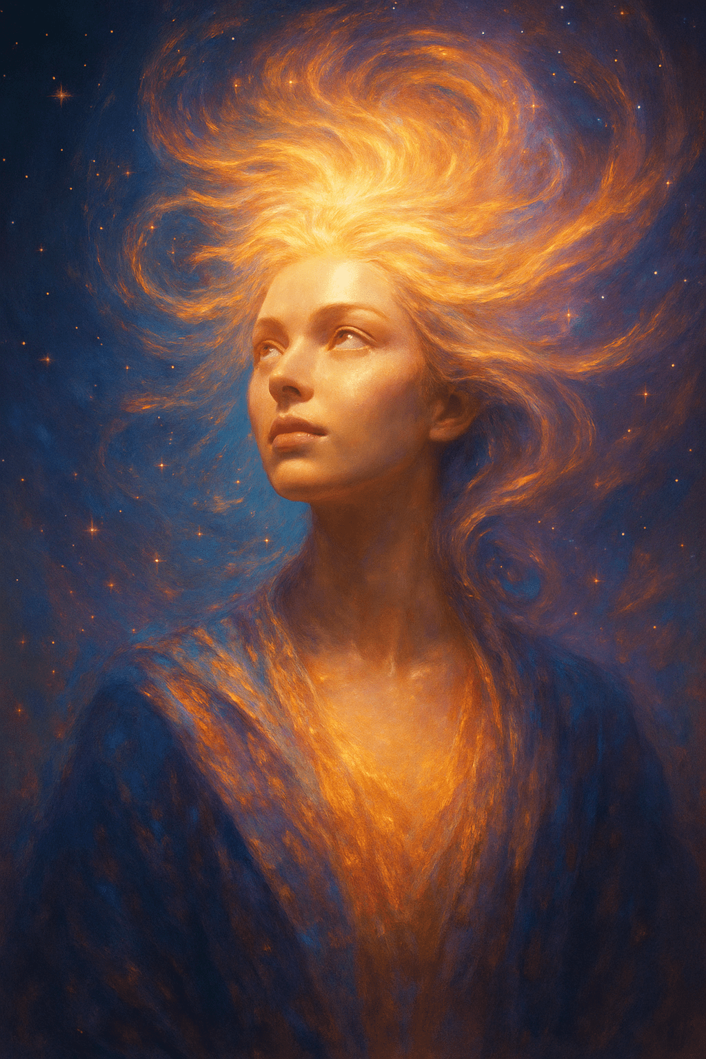 Ethereal high-end 3D portrait of a luminous, visionary woman bathed in radiant gold, purple, and teal light, symbolising intuition, future-thinking creativity, and expansive brand consciousness. Created for Brand Alchemi by Renata Clarke to represent the Visionary brand archetype in an AI-guided quiz result.