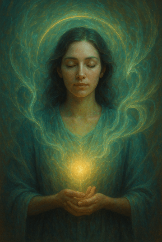 Hyper-realistic ethereal portrait of a serene Healer archetype figure holding a glowing golden light at her heart centre, surrounded by swirling teal and emerald energy. Created by Renata Clarke for Brand Alchemi’s AI-guided ‘Discover Your Brand’s Soul Archetype’ quiz results to represent compassion, intuition, and transformative healing energy.