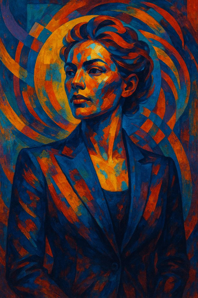 A vibrant, multidimensional portrait of a confident female leader rendered in bold blues, golds and reds. Layered geometric shapes radiate around her, symbolising depth, vision, emotional intelligence, identity alignment and the multidimensional growth of clients who are ideal for Quantum Essence Branding by Renata Clarke.
