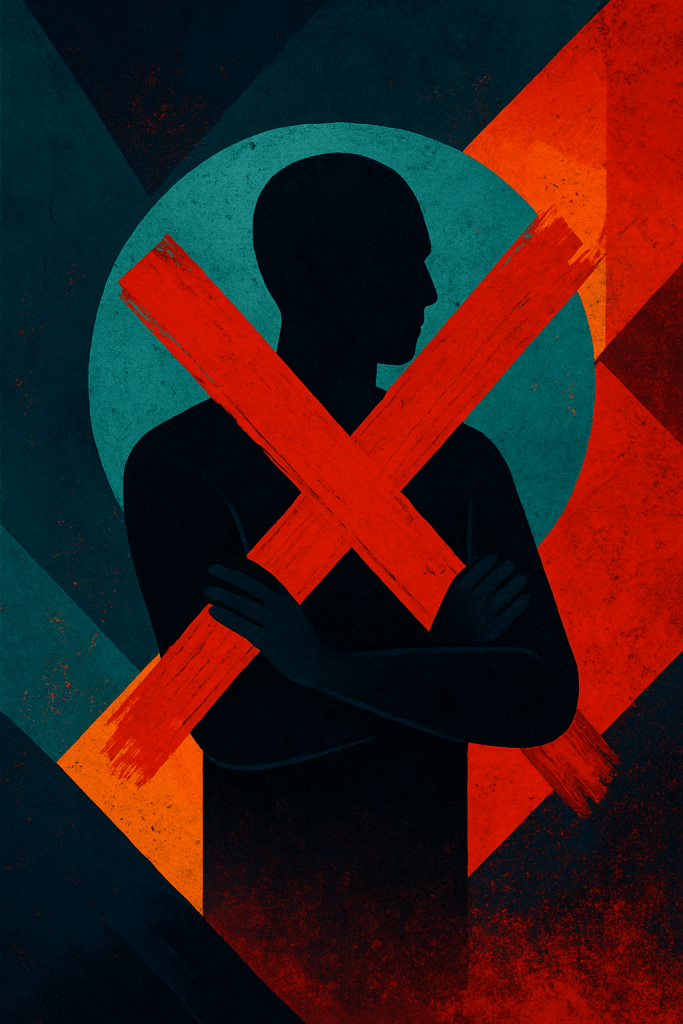 A stylised, abstract silhouette of a closed-off person with arms crossed, marked by a bold red X. Sharp geometric shapes and contrasting teal–orange textures symbolise resistance, rigidity and misalignment — representing individuals who are not the right fit for identity-led branding work by Renata Clarke.