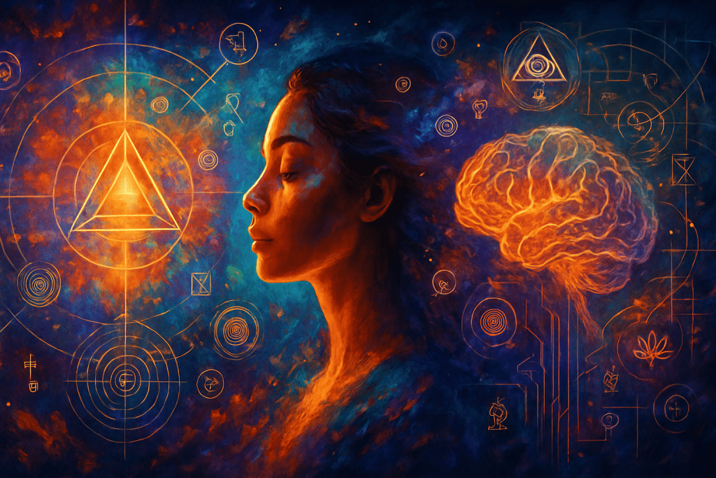 A vibrant, multidimensional digital artwork in AAAA-tier video-game style, featuring cosmic layers, abstract geometric structures, energetic light forms and shifting colour fields. The image symbolises identity evolution, subconscious transformation and multidimensional leadership. Created for Renata Clarke of Brand Alchemi to represent the depth and complexity of Quantum Transformation Methodologies.