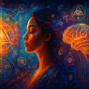 A vibrant, multidimensional digital artwork in AAAA-tier video-game style, featuring cosmic layers, abstract geometric structures, energetic light forms and shifting colour fields. The image symbolises identity evolution, subconscious transformation and multidimensional leadership. Created for Renata Clarke of Brand Alchemi to represent the depth and complexity of Quantum Transformation Methodologies.