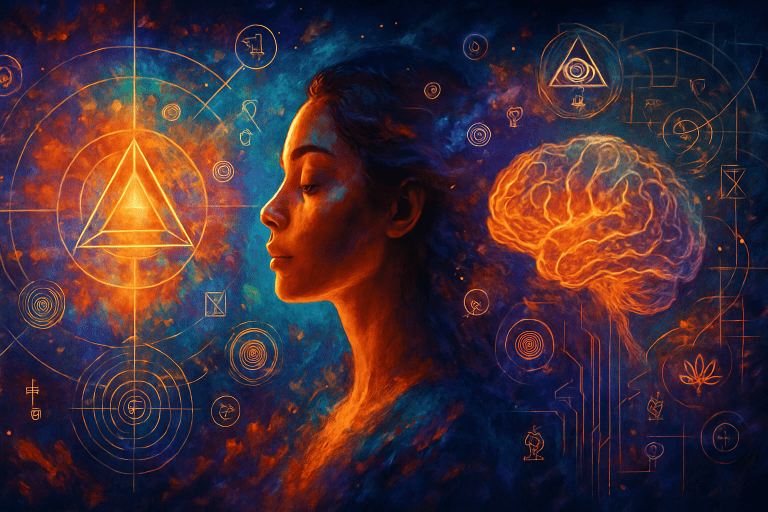 A vibrant, multidimensional digital artwork in AAAA-tier video-game style, featuring cosmic layers, abstract geometric structures, energetic light forms and shifting colour fields. The image symbolises identity evolution, subconscious transformation and multidimensional leadership. Created for Renata Clarke of Brand Alchemi to represent the depth and complexity of Quantum Transformation Methodologies.