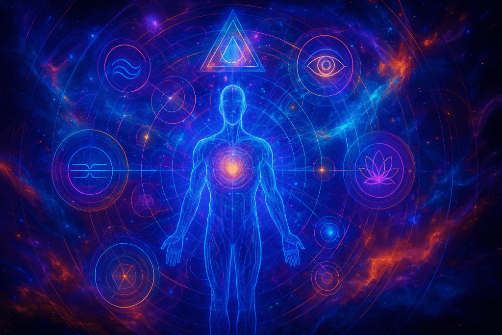 Vibrant cosmic artwork showing a glowing holographic human figure surrounded by sacred geometry and energetic symbols, representing multidimensional personal transformation. Created by Renata Clarke for Brand Alchemi.