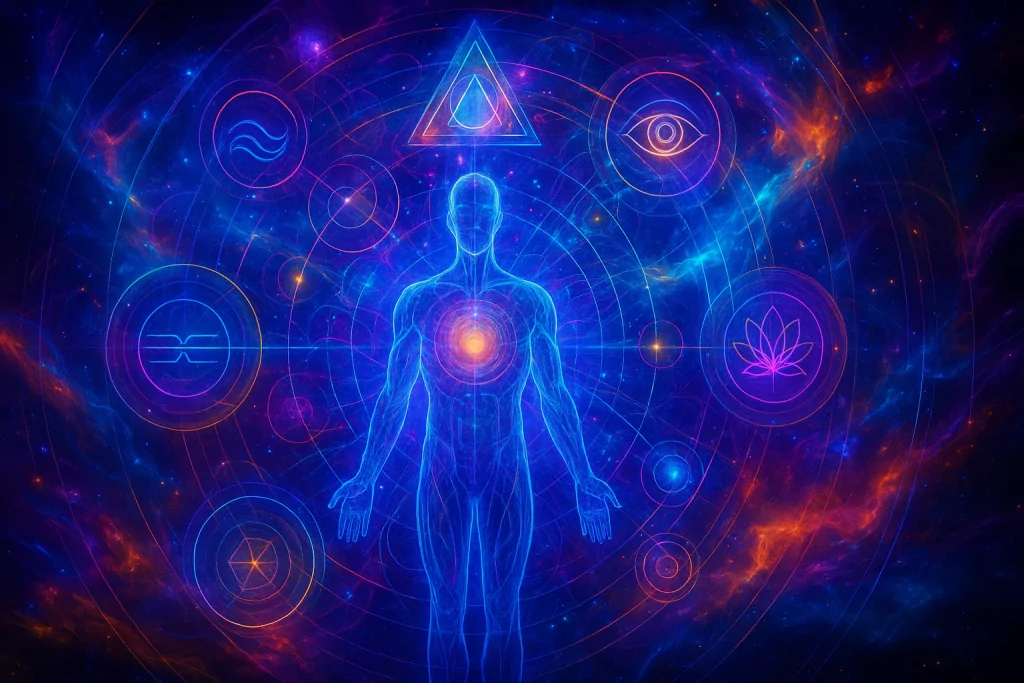 Vibrant cosmic artwork showing a glowing holographic human figure surrounded by sacred geometry and energetic symbols, representing multidimensional personal transformation. Created by Renata Clarke for Brand Alchemi.