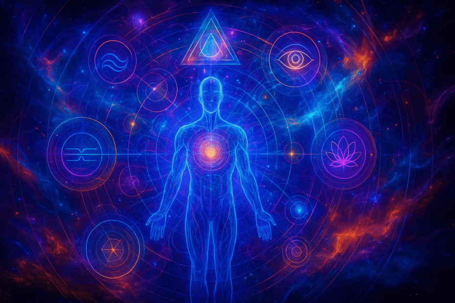 Vibrant cosmic artwork showing a glowing holographic human figure surrounded by sacred geometry and energetic symbols, representing multidimensional personal transformation. Created by Renata Clarke for Brand Alchemi.