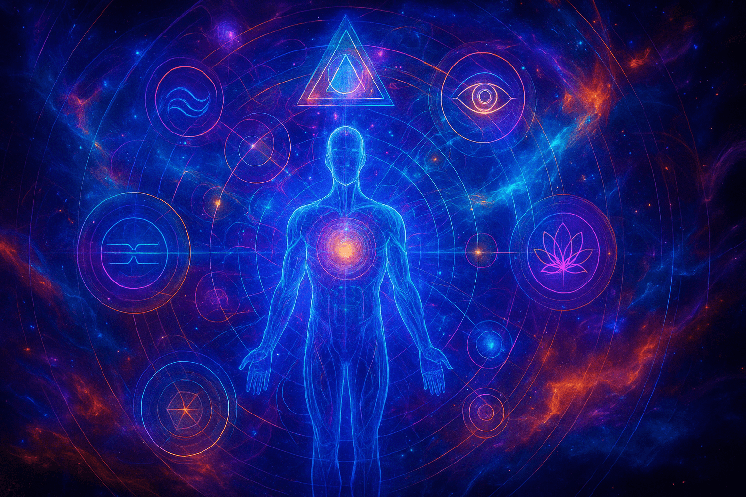 Vibrant cosmic artwork showing a glowing holographic human figure surrounded by sacred geometry and energetic symbols, representing multidimensional personal transformation. Created by Renata Clarke for Brand Alchemi.