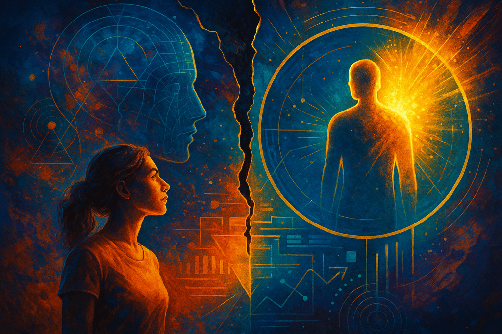 A vibrant, multidimensional digital artwork symbolising the identity gap in branding, featuring a human silhouette emerging in radiant light opposite a fragmented head and abstract geometric patterns. The image represents transformation, identity evolution, and energetic alignment — themes central to Renata Clarke’s Brand Alchemi approach.