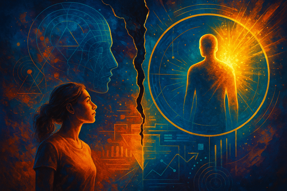 A vibrant, multidimensional digital artwork symbolising the identity gap in branding, featuring a human silhouette emerging in radiant light opposite a fragmented head and abstract geometric patterns. The image represents transformation, identity evolution, and energetic alignment — themes central to Renata Clarke’s Brand Alchemi approach.