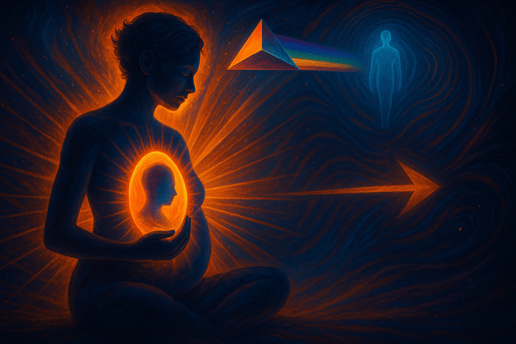 A vivid, multidimensional digital artwork symbolising the birth of a new identity, featuring a glowing human silhouette emerging within a radiant womb-like light, surrounded by cosmic patterns, a prism beam and an ethereal figure that represents clarity of self, purpose and aligned direction — reflecting the Brand Alchemi approach by Renata Clarke.